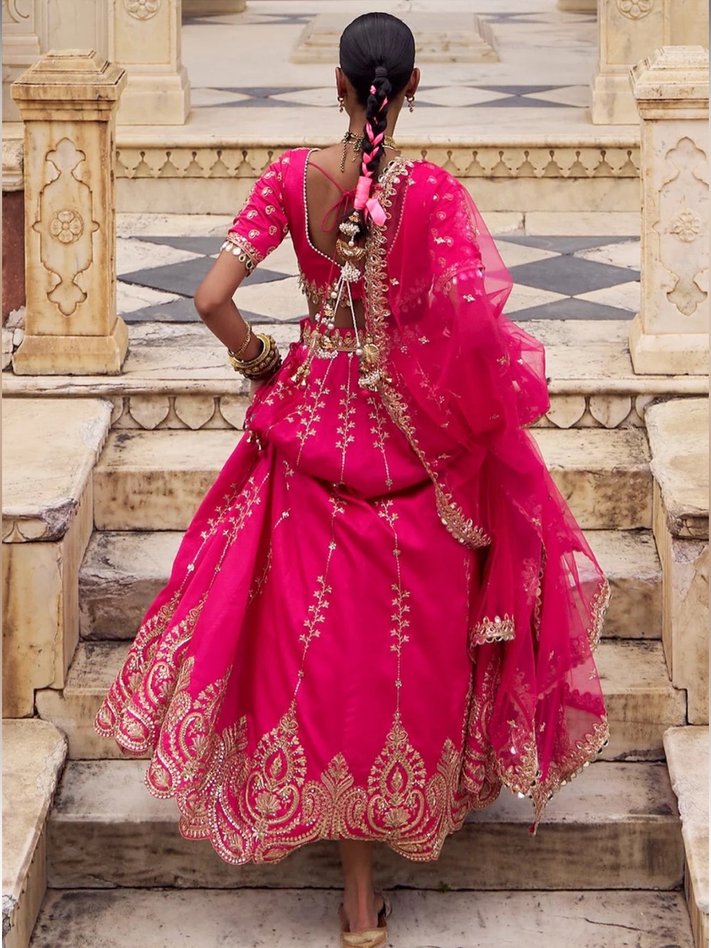 Fuchsia A-Line Embroidered Lehenga Skirt with Gold Detailing - Picture 2 of 16